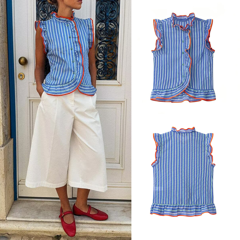 Shirt Camp Collar - Women's blue vertical striped sleeveless shirt