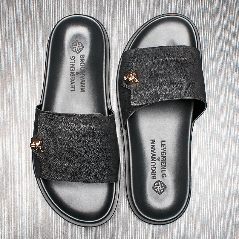 Flip Flop Leather Men - 2025 New Genuine Leather Slippers Metal