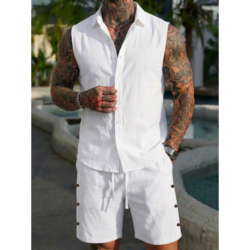 Men's 2 Piece Linen Textured S - Short Linen Drawstring 评论和价格