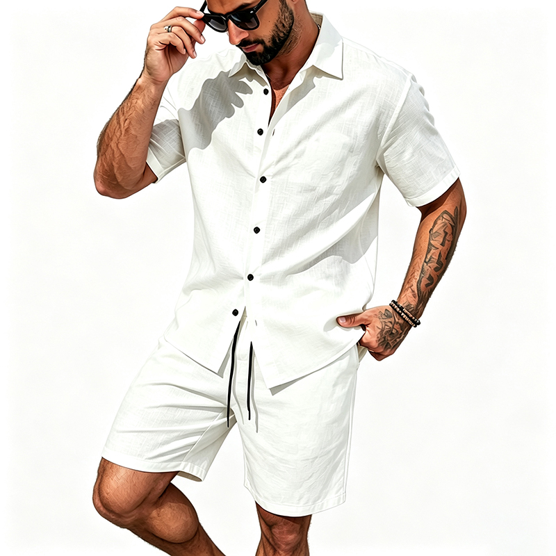 Men Linen Two Piece Outfit Sho - Short Linen Drawstring 评论和价格