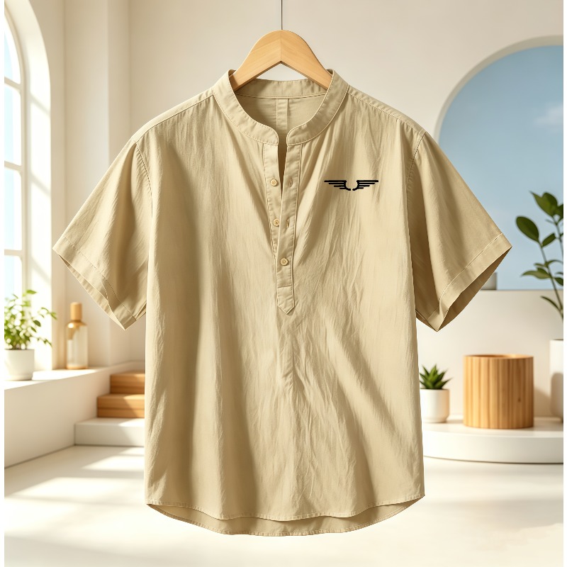 Men's cotton and linen Henley  - Linen Shirt Breathable 评论和价格