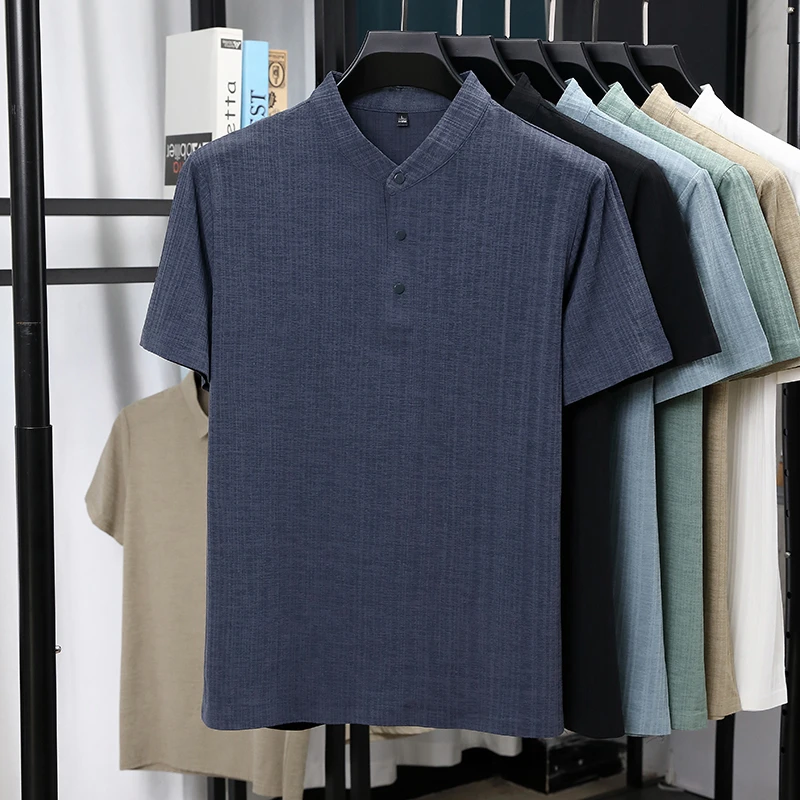 Mens Mandarin Collar Half Plac - Linen Shirt Breathable 评论和价格