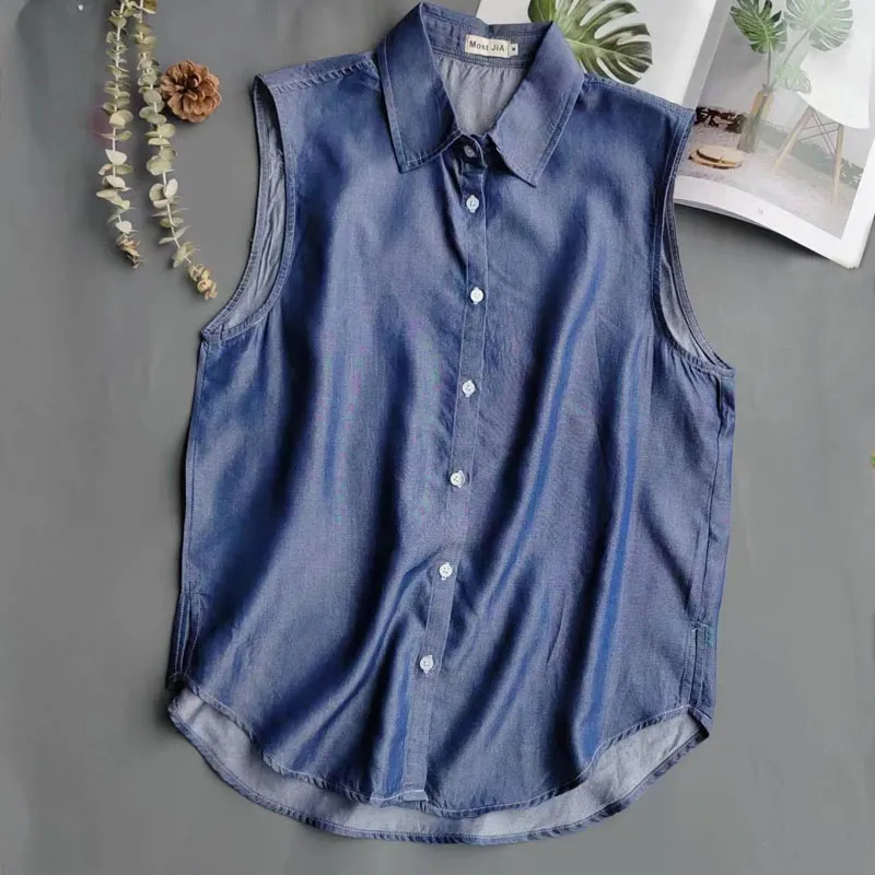 Women's Blue Sleeveless Denim  - Shirt Camp Collar 评论和价格