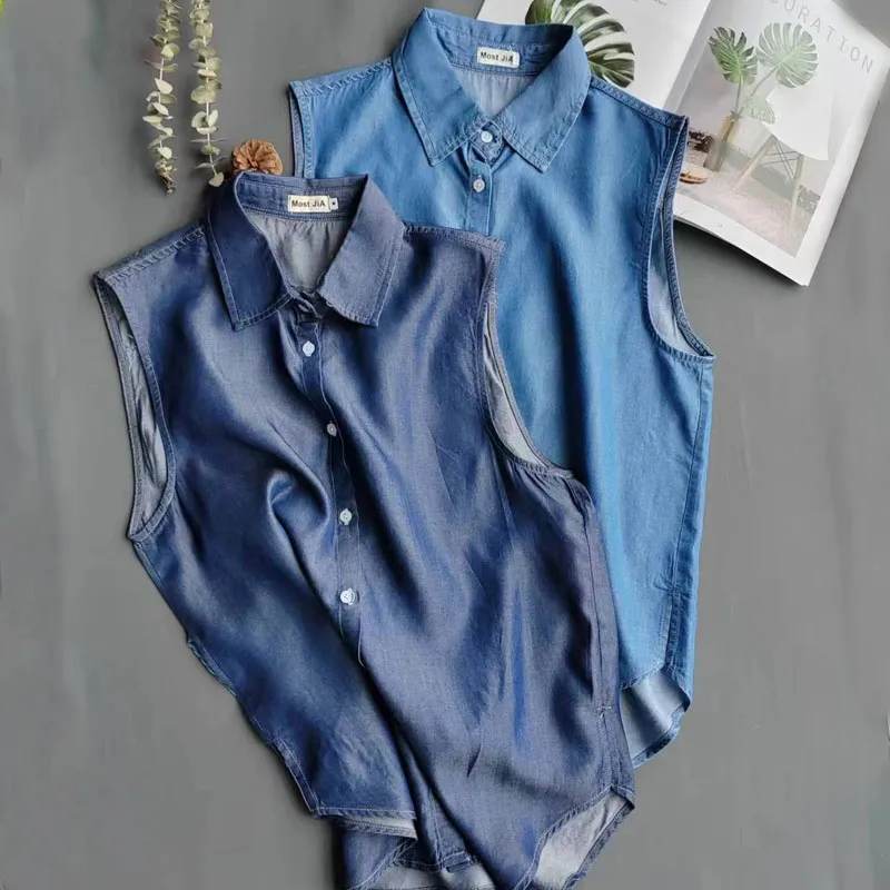 Women's Blue Sleeveless Denim  - Shirt Camp Collar 评论和价格