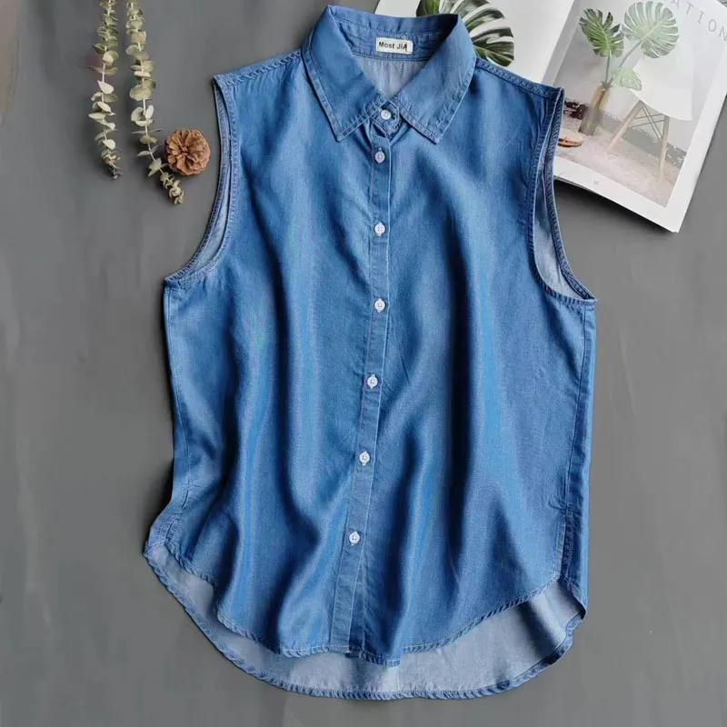 Women's Blue Sleeveless Denim  - Shirt Camp Collar 评论和价格