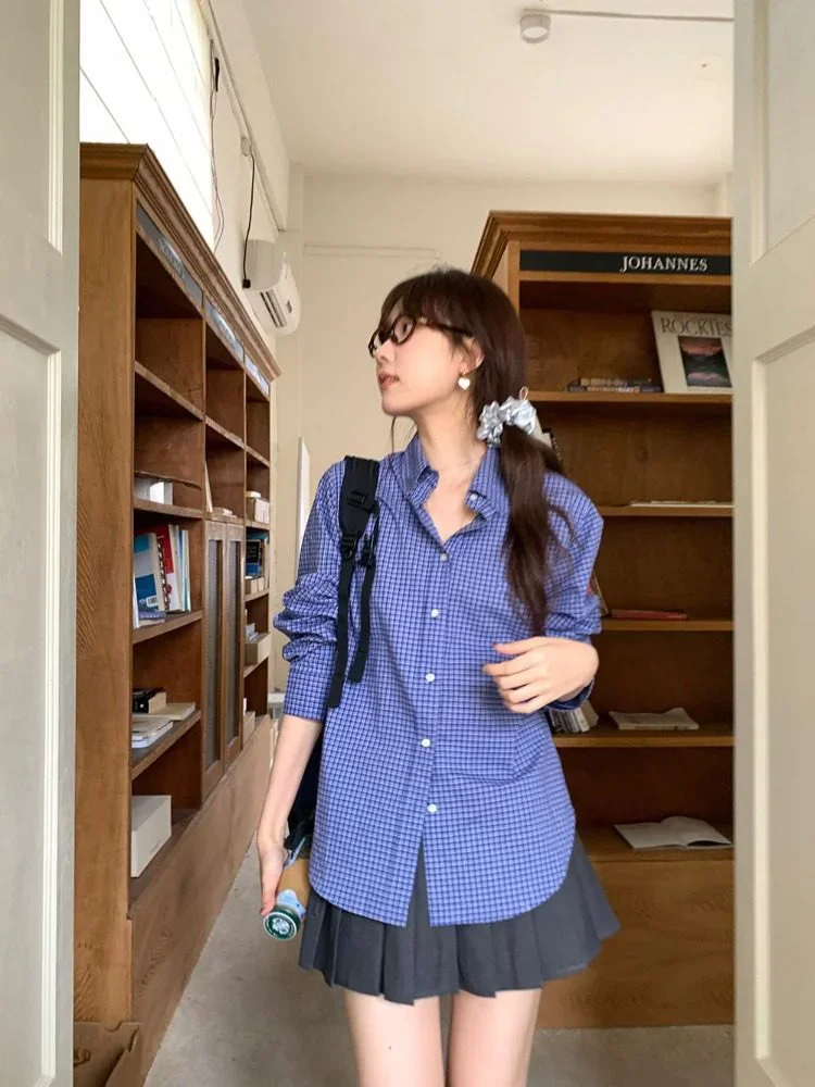 Vintage Blue Plaid Shirts for  - Shirt Camp Collar 评论和价格