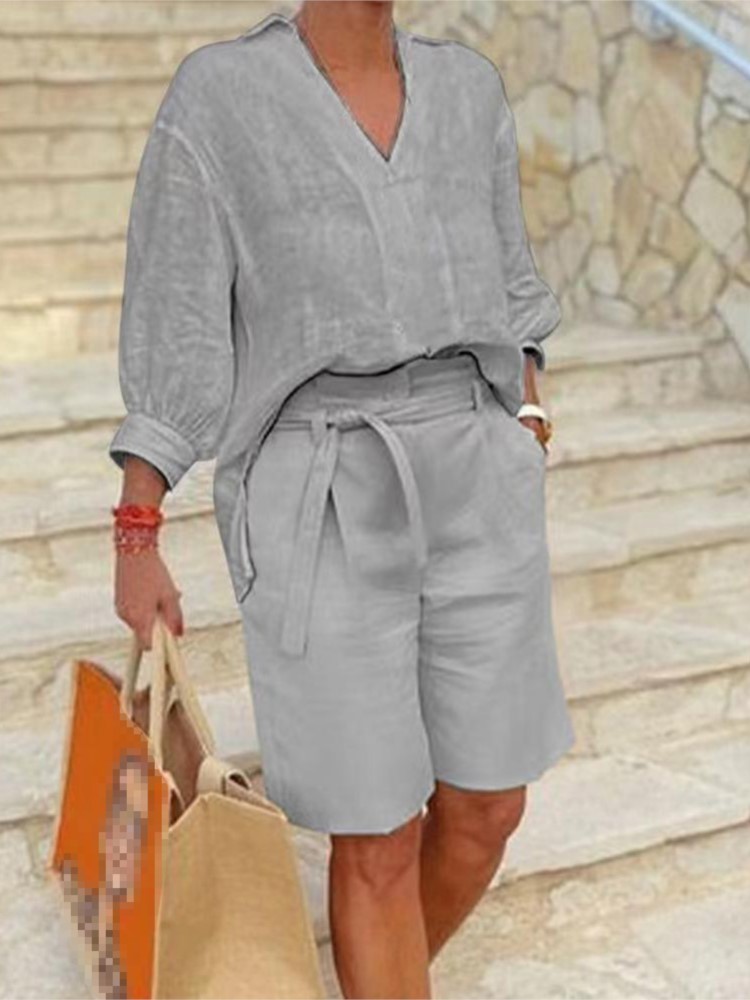 Women Suits Elegant Style Two  - Linen Shirt Breathable 评论和价格