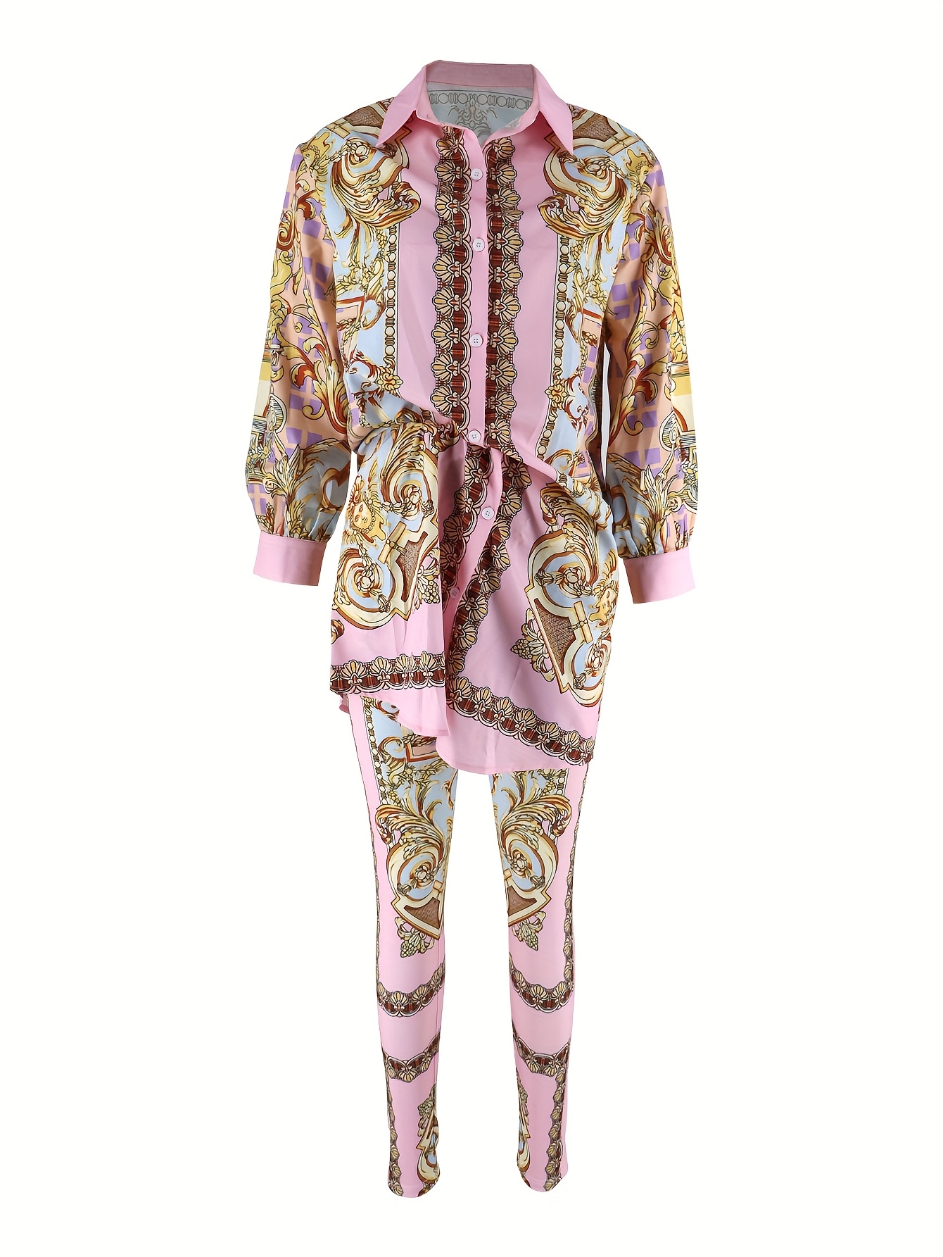 Women 2 Piece Set Ornate Print - Shirt Camp Collar 评论和价格